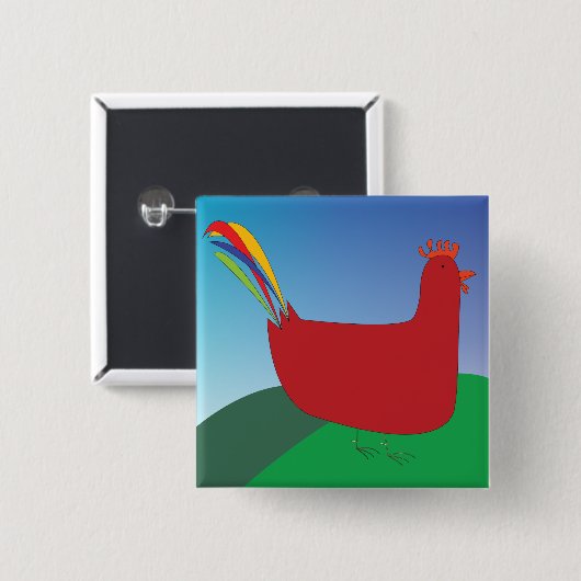 Farbenfrohe Rote Rooster mit Regenbogen-Schwanz au Button (Vorne & Hinten)
