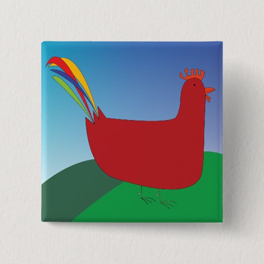 Farbenfrohe Rote Rooster mit Regenbogen-Schwanz au Button (Vorderseite)
