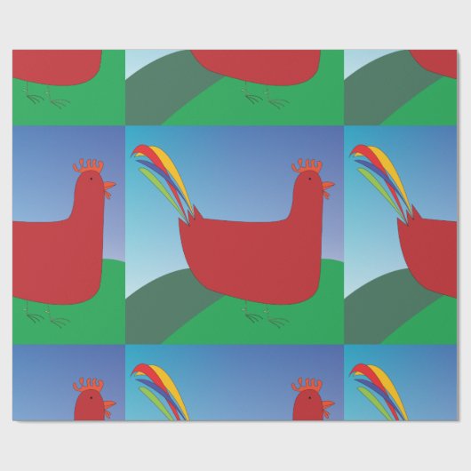 Farbenfrohe Rote Rooster mit Regenbogen-Schwanz au Geschenkpapier (Flach)