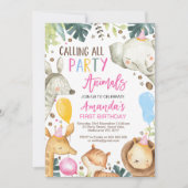 Farbenfrohe Rufe alle Party Tiere Safari Geburtsta Einladung (Vorderseite)