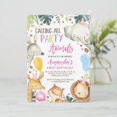 Farbenfrohe Rufe alle Party Tiere Safari Geburtsta Einladung (Stehend Vorderseite)