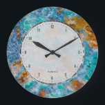 Farbenfrohe Ruff Marble Stone Muster Große Wanduhr<br><div class="desc">Farbenfrohe, rosa Marmorsteinmuster. Blau grüne Farbtöne mit braunen Farbakzenten. Touch von metallischem Silber. Das ist ein Bild aus Stein. Design ist auf anderen Produkten erhältlich.</div>