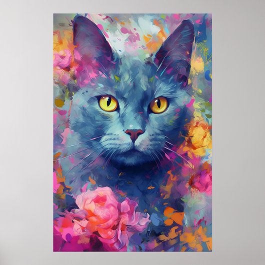 Farbenfrohe russische Blaue Katze Kunst Poster (Vorne)