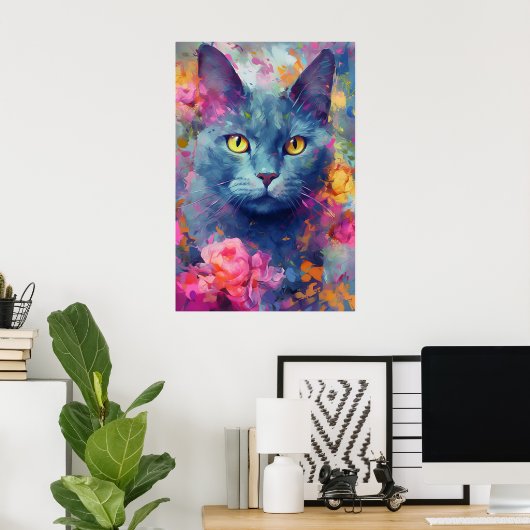 Farbenfrohe russische Blaue Katze Kunst Poster (Heimbüro)