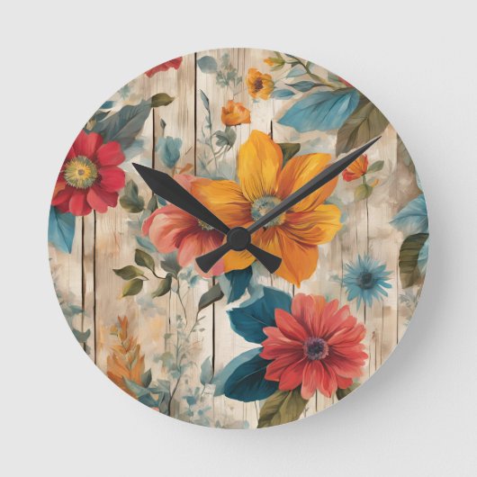 Farbenfrohe rustikale Blume Runde Wanduhr (Vorderseite)