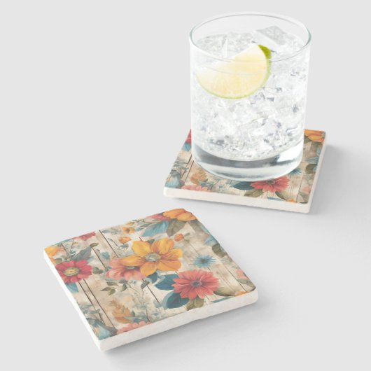 Farbenfrohe rustikale Blume Steinuntersetzer (Seitenansicht)