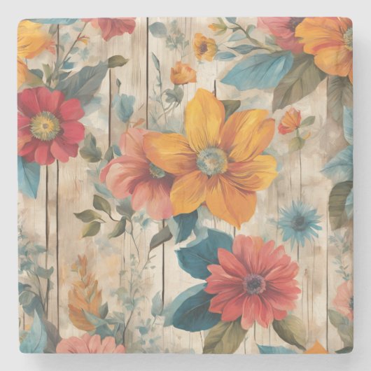 Farbenfrohe rustikale Blume Steinuntersetzer (Vorderseite)