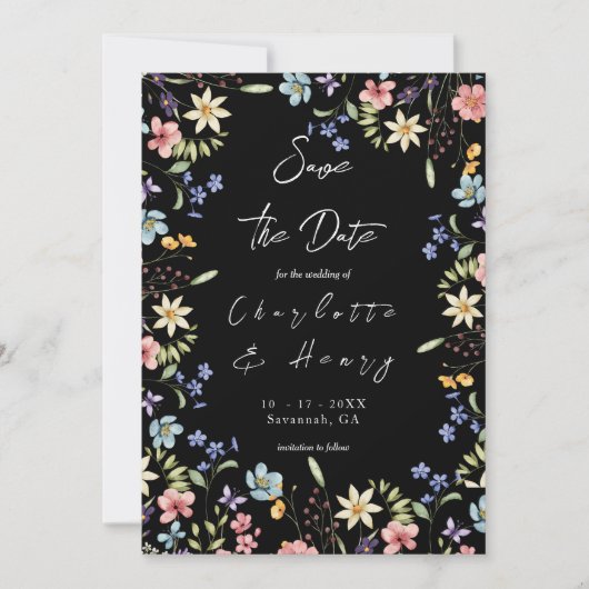 Farbenfrohe rustikale botanische Wildblumen Schwar Save The Date (Vorderseite)