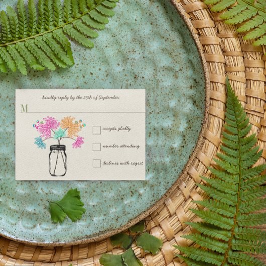 Farbenfrohe Rustikale Mason Jar Wildblume Hochzeit RSVP Karte