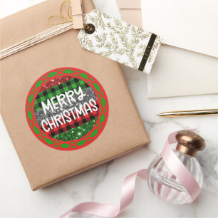 Farbenfrohe Rustikale Retro Weihnachten Kariert &  Runder Aufkleber