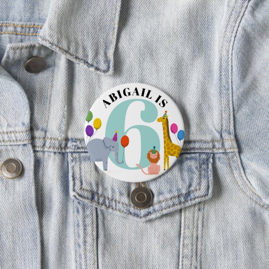 Farbenfrohe Safari Tiere Geburtsname und Alter Button (Beispiel)