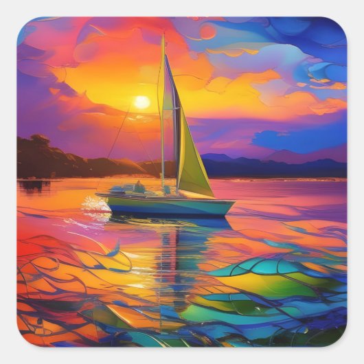 Farbenfrohe Sailboat AI ART Quadratischer Aufkleber (Vorderseite)