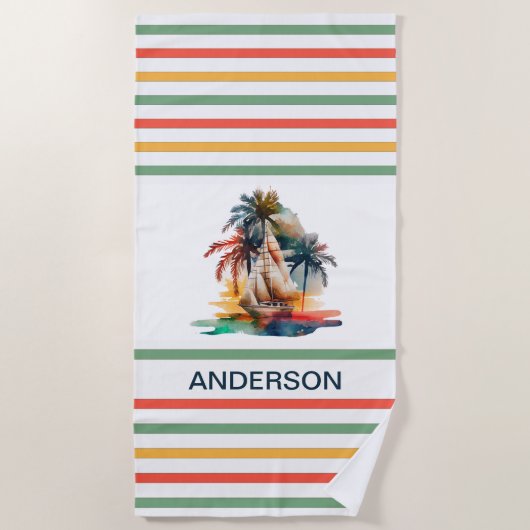 Farbenfrohe Sailboat Monogrammiert Strandtuch (Vorderseite)