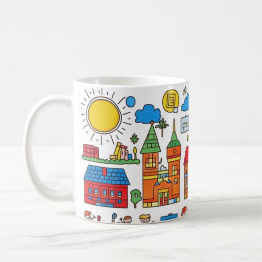 farbenfrohe Sammlung von Häusern, Gebäuden, Bäumen Kaffeetasse (Links)