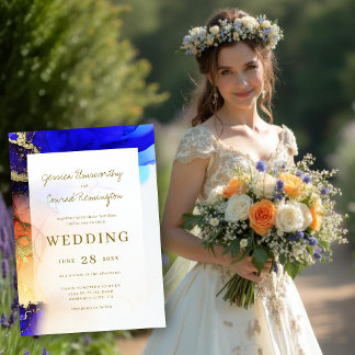 Farbenfrohe Sapphire Blue Gold Orange Wedding Einladung