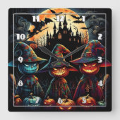 Farbenfrohe Scharecrow-Trio mit Vollmond Quadratische Wanduhr (Vorderseite)