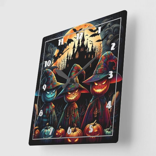 Farbenfrohe Scharecrow-Trio mit Vollmond Quadratische Wanduhr (Winkel)