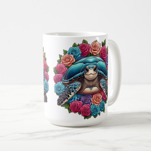 Farbenfrohe SchildkrötenIllustration umgeben von R Kaffeetasse (VorderseiteRechts)