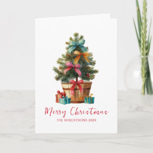 Farbenfrohe Schleifen Rustikaler Weihnachtsbaum Feiertagskarte