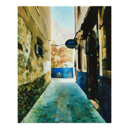 Farbenfrohe schmale Allee zwischen alten Gebäude Poster