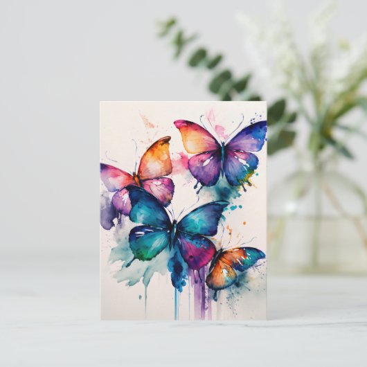 Farbenfrohe Schmetterlinge Abstrakt Wasserfarbe Postkarte (Stehend Vorderseite)