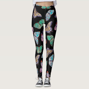 Farbenfrohe Schmetterlinge Aquarellmalerei Schwarz Leggings