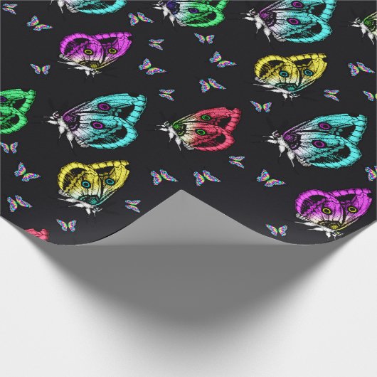 Farbenfrohe Schmetterlinge ästhetischer schwarzer Geschenkpapier (Ecke)