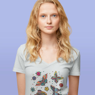 Farbenfrohe Schmetterlinge Blumen Sommerzeit V-Aus T-Shirt
