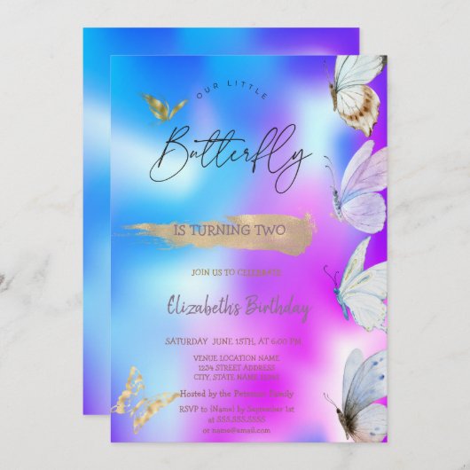 Farbenfrohe Schmetterlinge Cooler holografischer G Einladung (Vorne/Hinten)