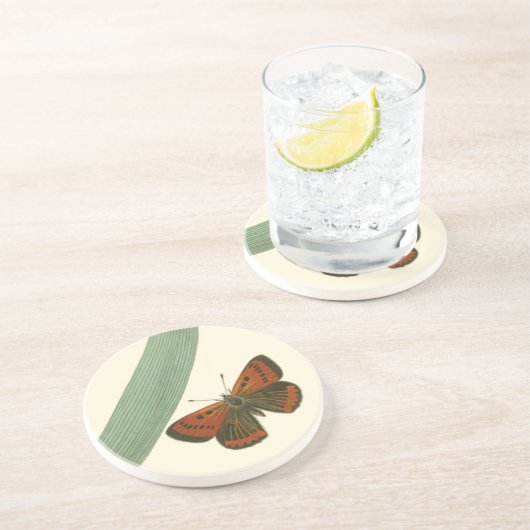 Farbenfrohe Schmetterlinge flattern um ein Blatt Getränkeuntersetzer (Seite)