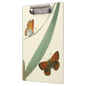Farbenfrohe Schmetterlinge flattern um ein Blatt Klemmbrett (Links)