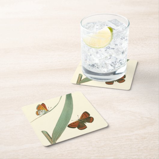 Farbenfrohe Schmetterlinge flattern um ein Blatt Rechteckiger Pappuntersetzer (Vor Ort)