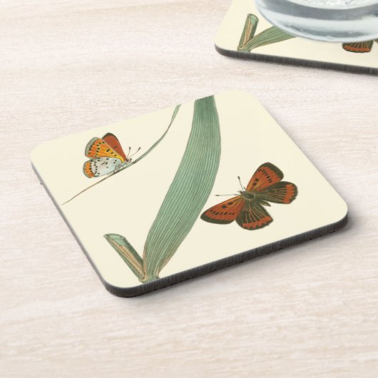 Farbenfrohe Schmetterlinge flattern um ein Blatt Untersetzer (Linke Seite)