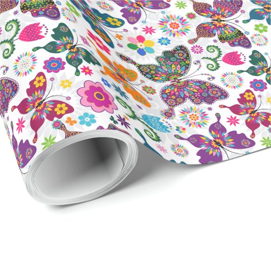 Farbenfrohe Schmetterlinge Illustrationsmuster Geschenkpapier (Rolleneckpunkt)