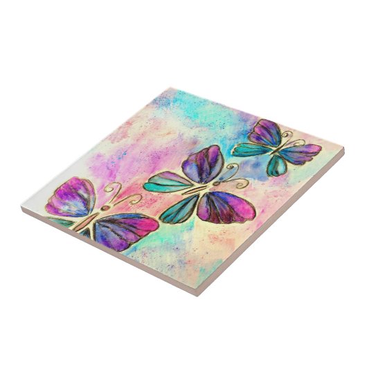 Farbenfrohe Schmetterlinge Keramik Tile - Aquarell Fliese (Seite)