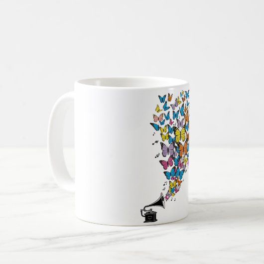 Farbenfrohe Schmetterlinge mit Gramophon Kaffeetasse (Vorderseite Links)