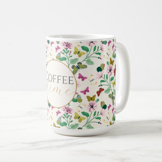 Farbenfrohe Schmetterlinge Rosa Blume Creme Botani Kaffeetasse (VorderseiteRechts)