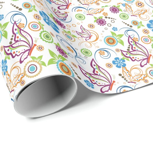 Farbenfrohe Schmetterlinge und Blume Muster monogr Geschenkpapier (Rolleneckpunkt)