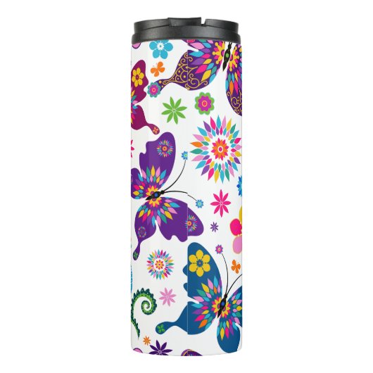 Farbenfrohe Schmetterlinge und Blume Muster Thermosbecher (Rückseite)