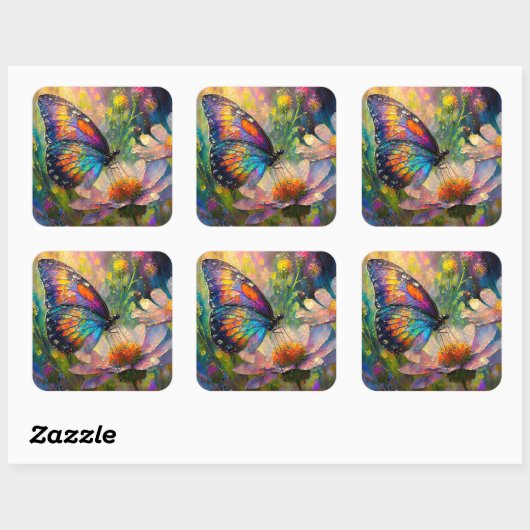 Farbenfrohe Schmetterlinge und Wildblumen bei Sonn Quadratischer Aufkleber (Blatt)