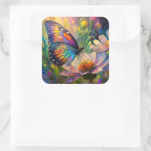 Farbenfrohe Schmetterlinge und Wildblumen bei Sonn Quadratischer Aufkleber (Tasche)