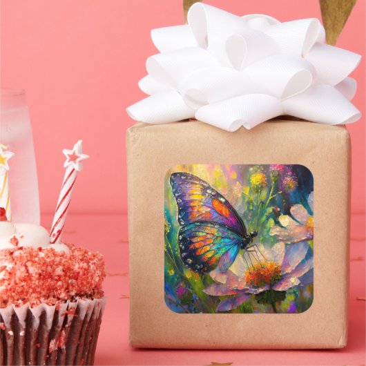 Farbenfrohe Schmetterlinge und Wildblumen bei Sonn Quadratischer Aufkleber (Party)