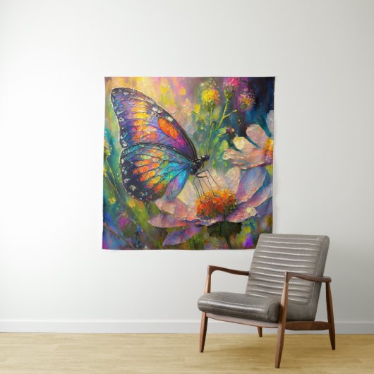 Farbenfrohe Schmetterlinge und Wildblumen bei Sonn Wandteppich (Beispiel)