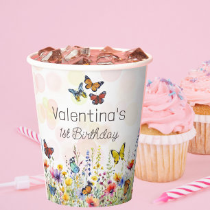 Farbenfrohe Schmetterlinge und Wildblumen zum Gebu Pappbecher