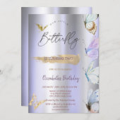 Farbenfrohe Schmetterlinge Violet Metallic Geburts Einladung (Vorne/Hinten)