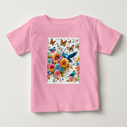 Farbenfrohe Schmetterlinge Vögel Blume Rosa Custom Baby T-shirt (Vorderseite)