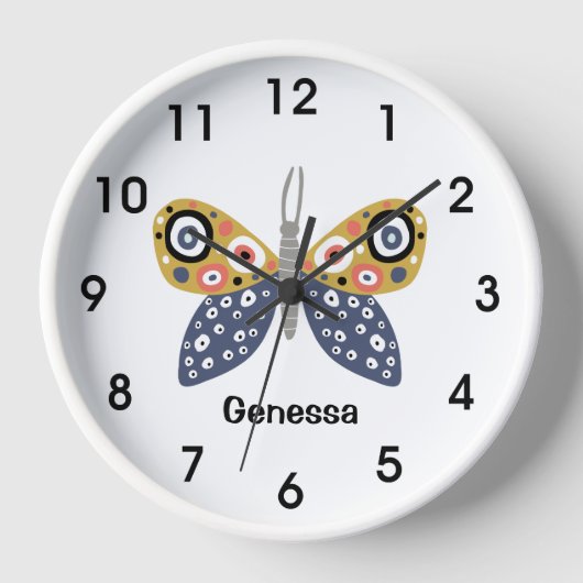 Farbenfrohe, schmetterlingsblaue, gelbe Punkte Str Uhr (Vorderseite)