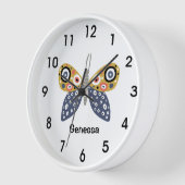 Farbenfrohe, schmetterlingsblaue, gelbe Punkte Str Uhr (Winkel)