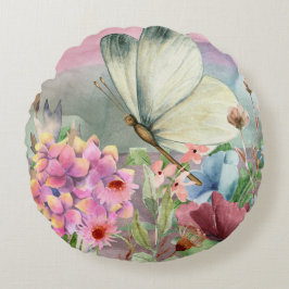 Farbenfrohe Schmetterlingsküsse unter Wildblumen Rundes Kissen