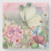 Farbenfrohe Schmetterlingsküsse unter Wildblumen Steinuntersetzer (Vorderseite)